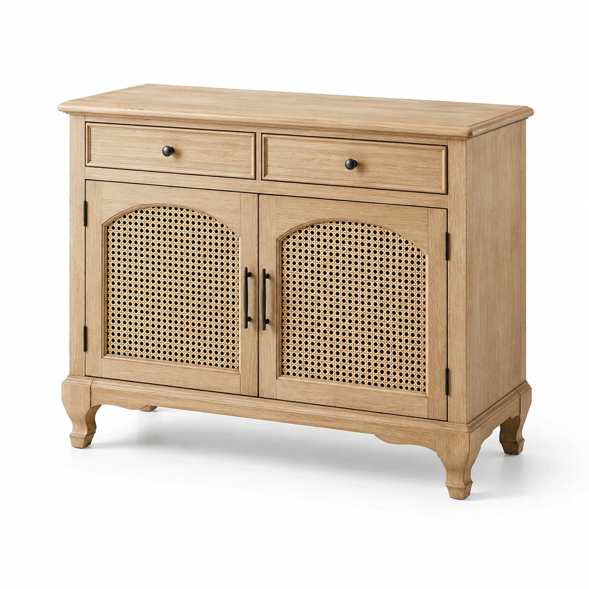 Aparador de Madera de Roble con Puertas de Ratán y Cajones