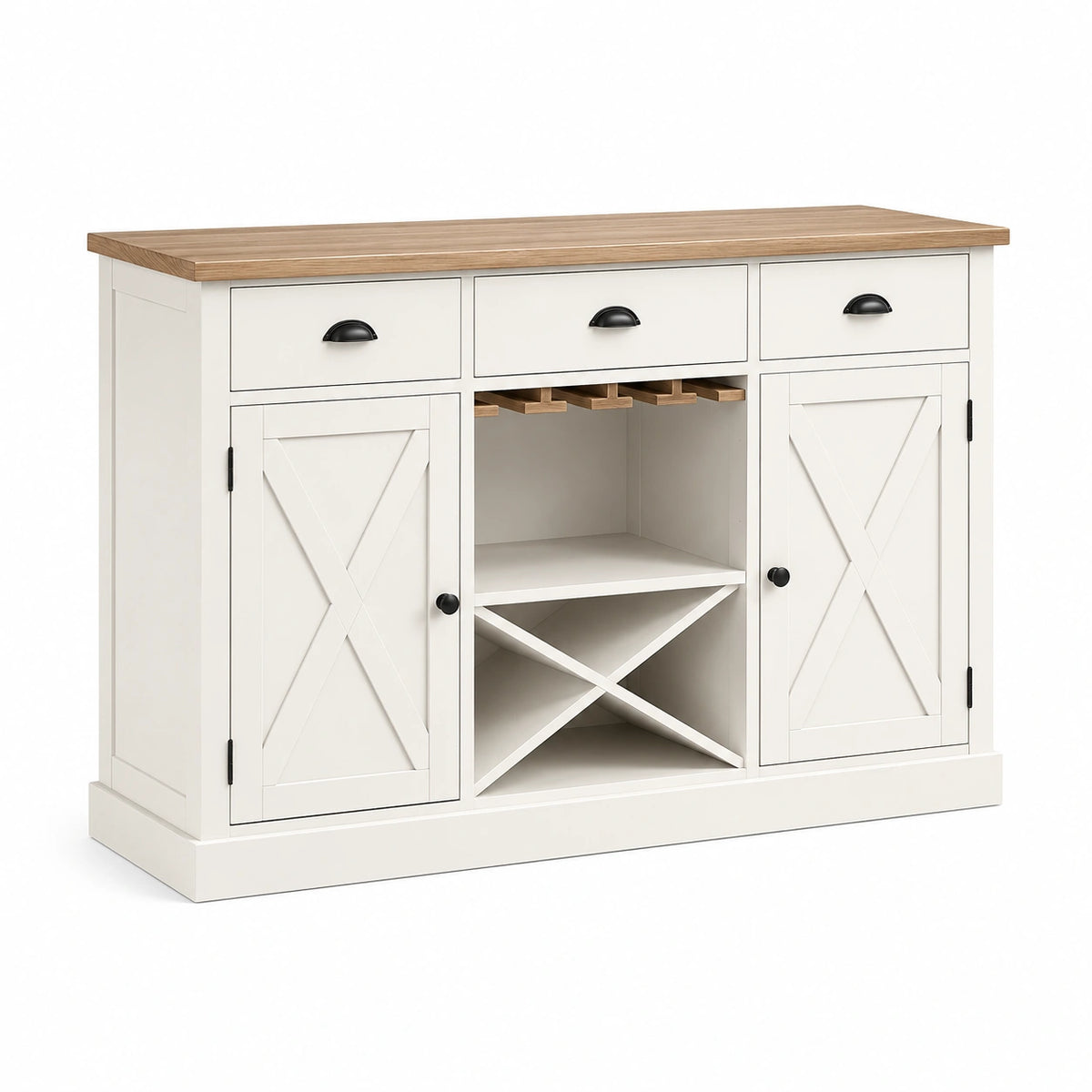 Aparador de madera blanco con encimera de roble y soporte para botellas