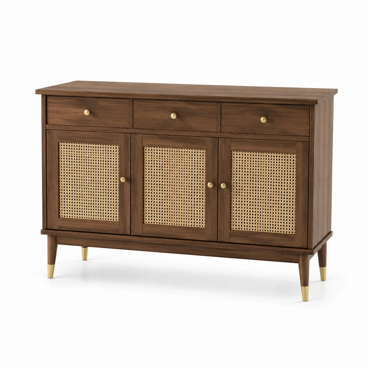Aparador de madera con puertas de rejilla de ratán y 3 cajones, marrón