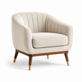 Sillón redondo de poliéster beige y nogal con detalles metálicos