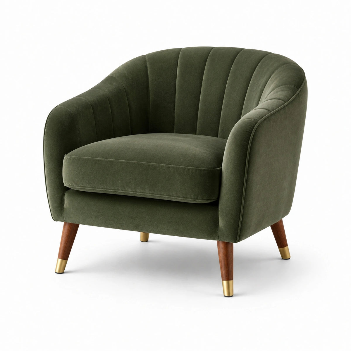 Sillón de terciopelo verde con patas de madera y metal