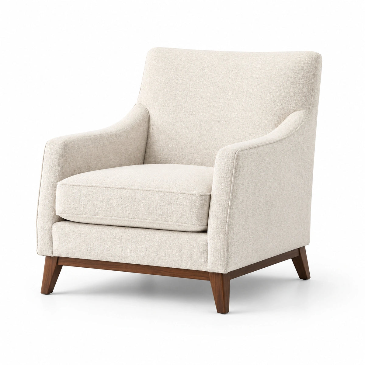 Sillón de tela beige con patas de madera