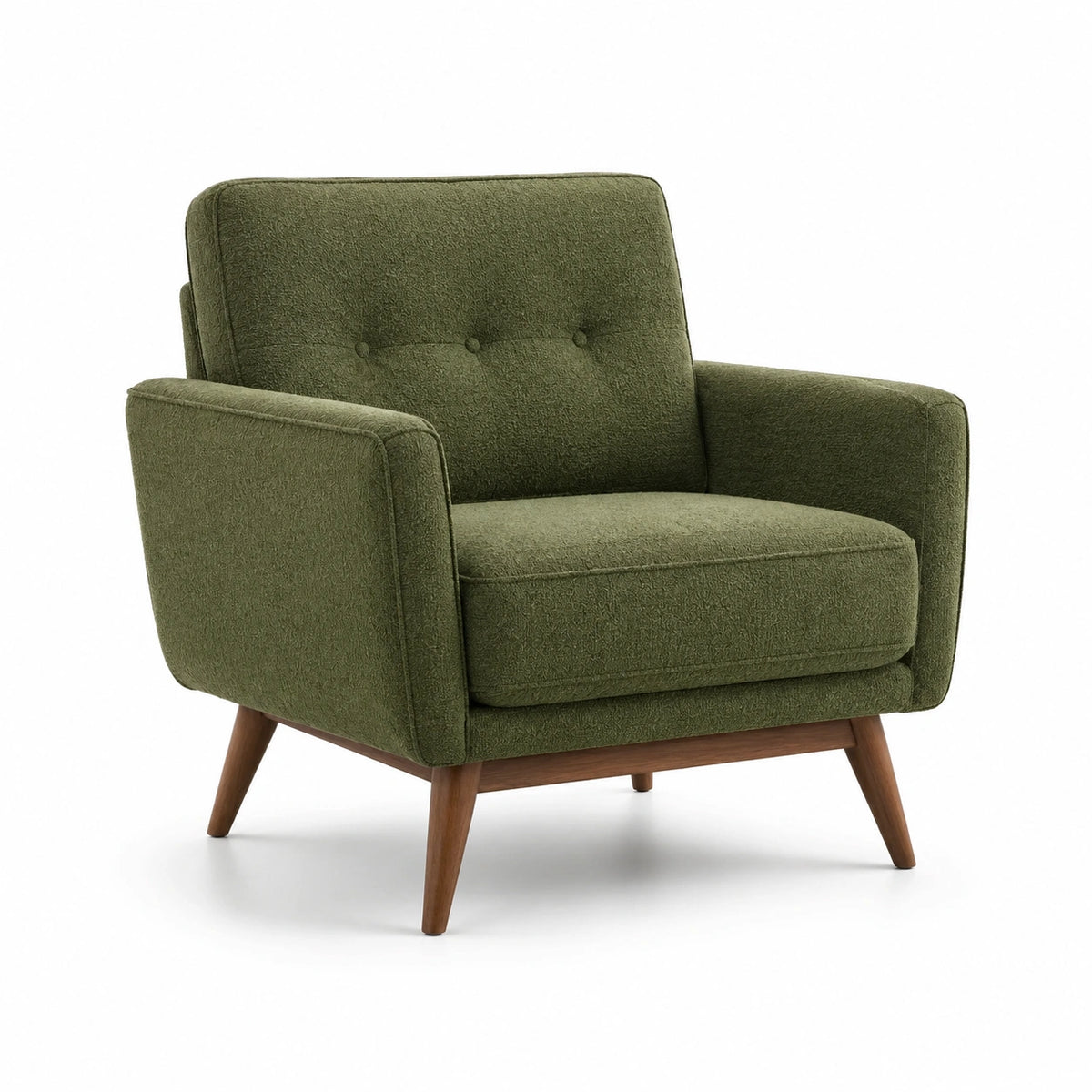 Sillón de tela verde con patas de madera
