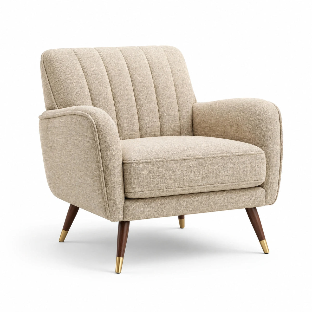 Sillón de poliéster beige con patas de madera