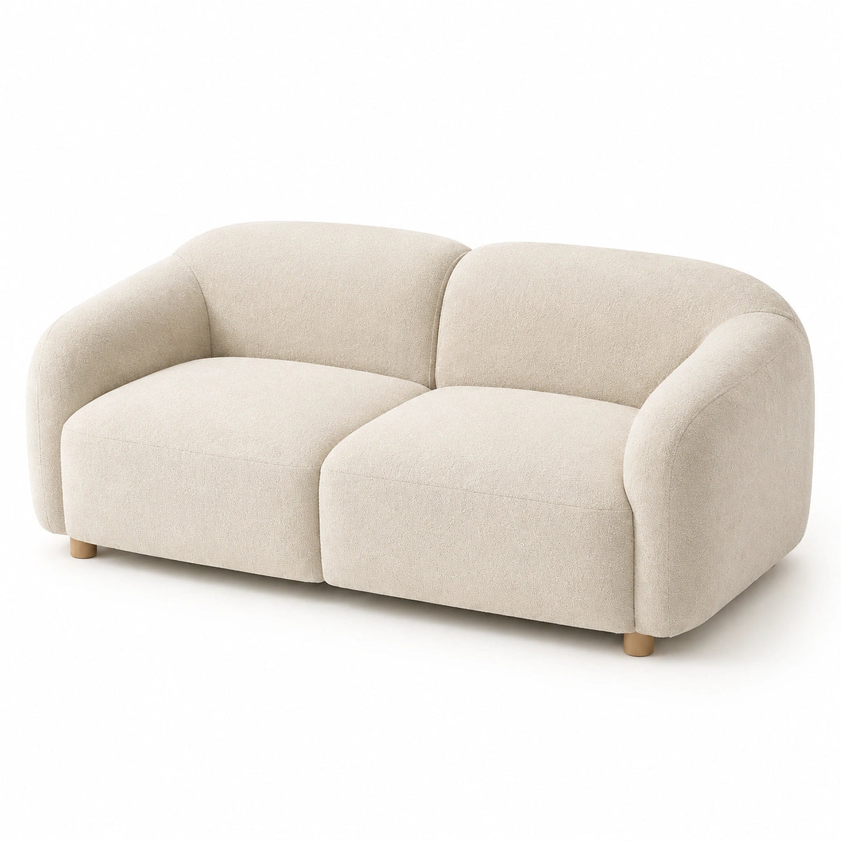 Sofá de dos plazas beige con tapizado de poliéster y patas de madera