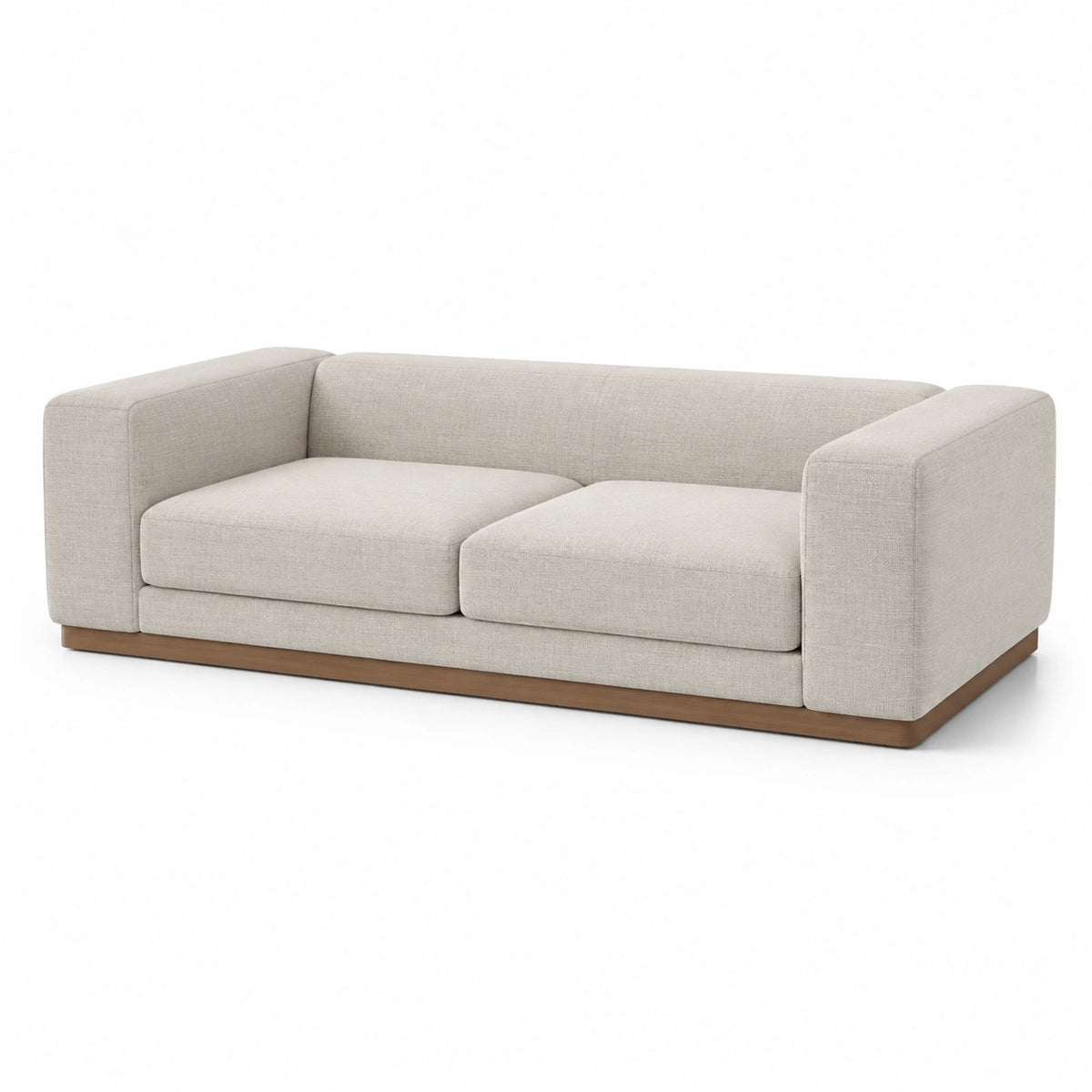 Sofá de tela beige con base de madera