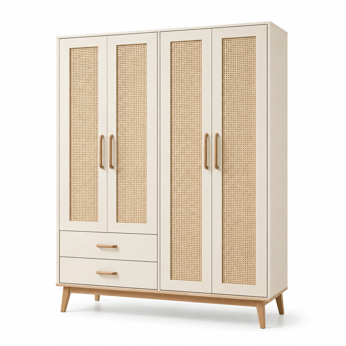 Armario de madera y ratán de 4 puertas y 2 cajones