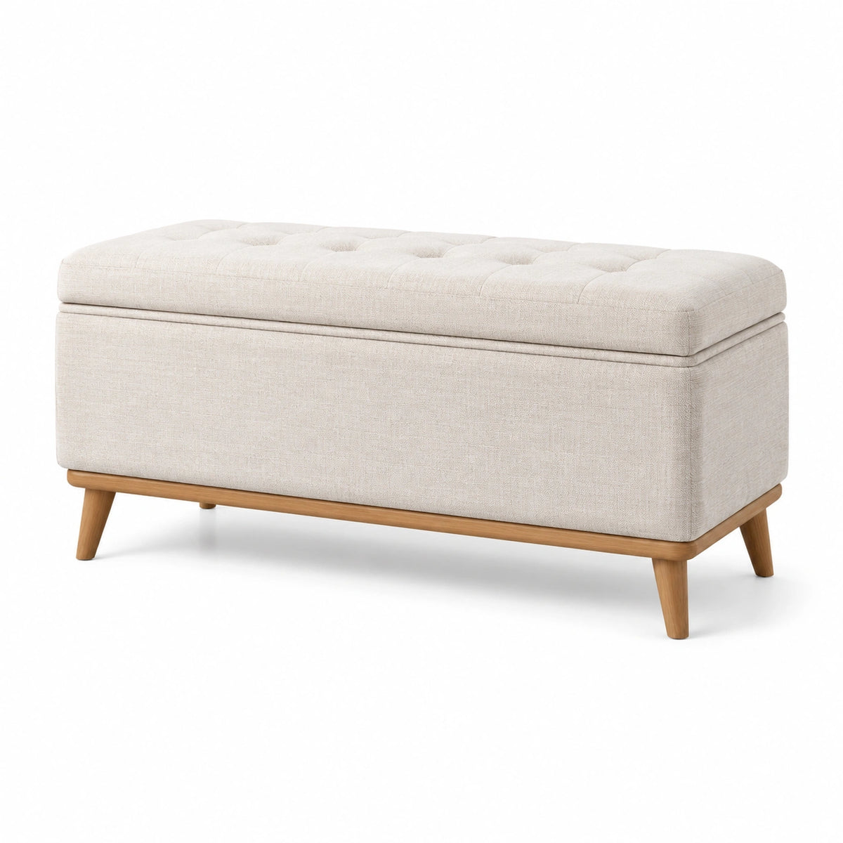 Banco de almacenamiento beige con lino y patas de madera