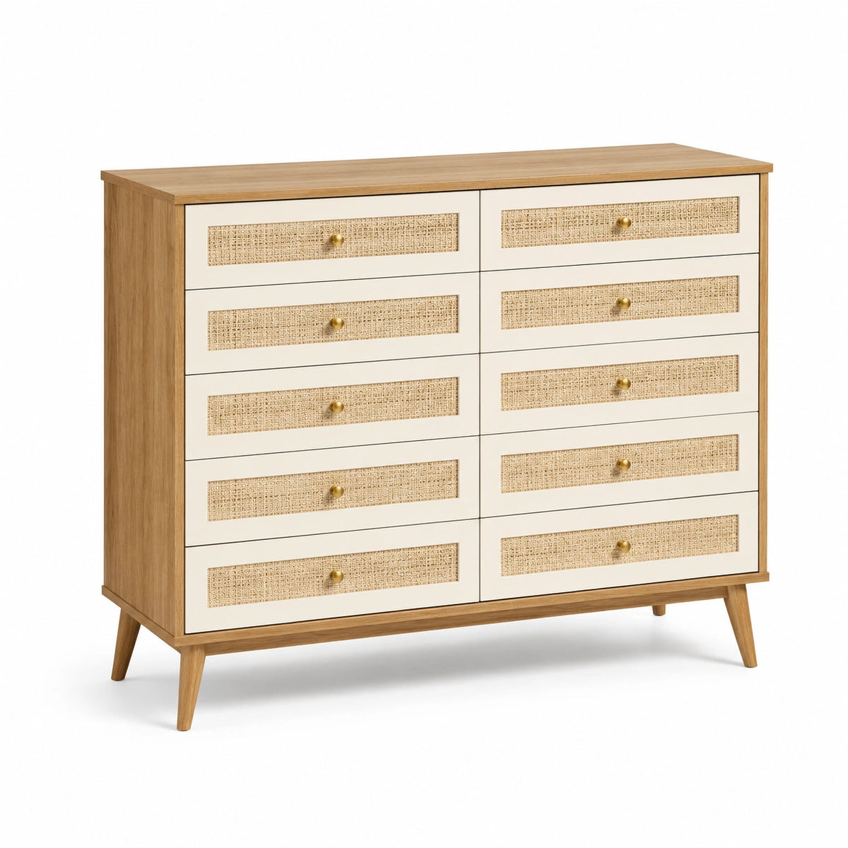 Cajonera de madera con 10 cajones de ratán beige 120x40x80 cm