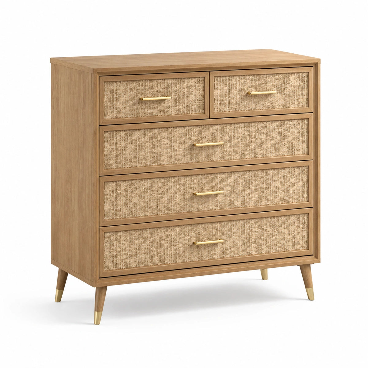 Cajonera de madera y ratán con asas doradas