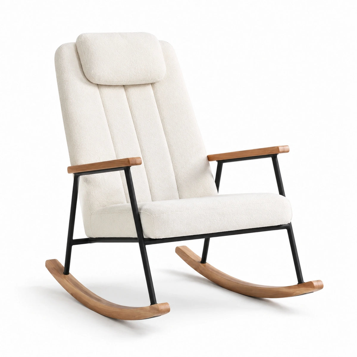Mecedora de Tela Beige con Estructura de Acero y Madera de Haya
