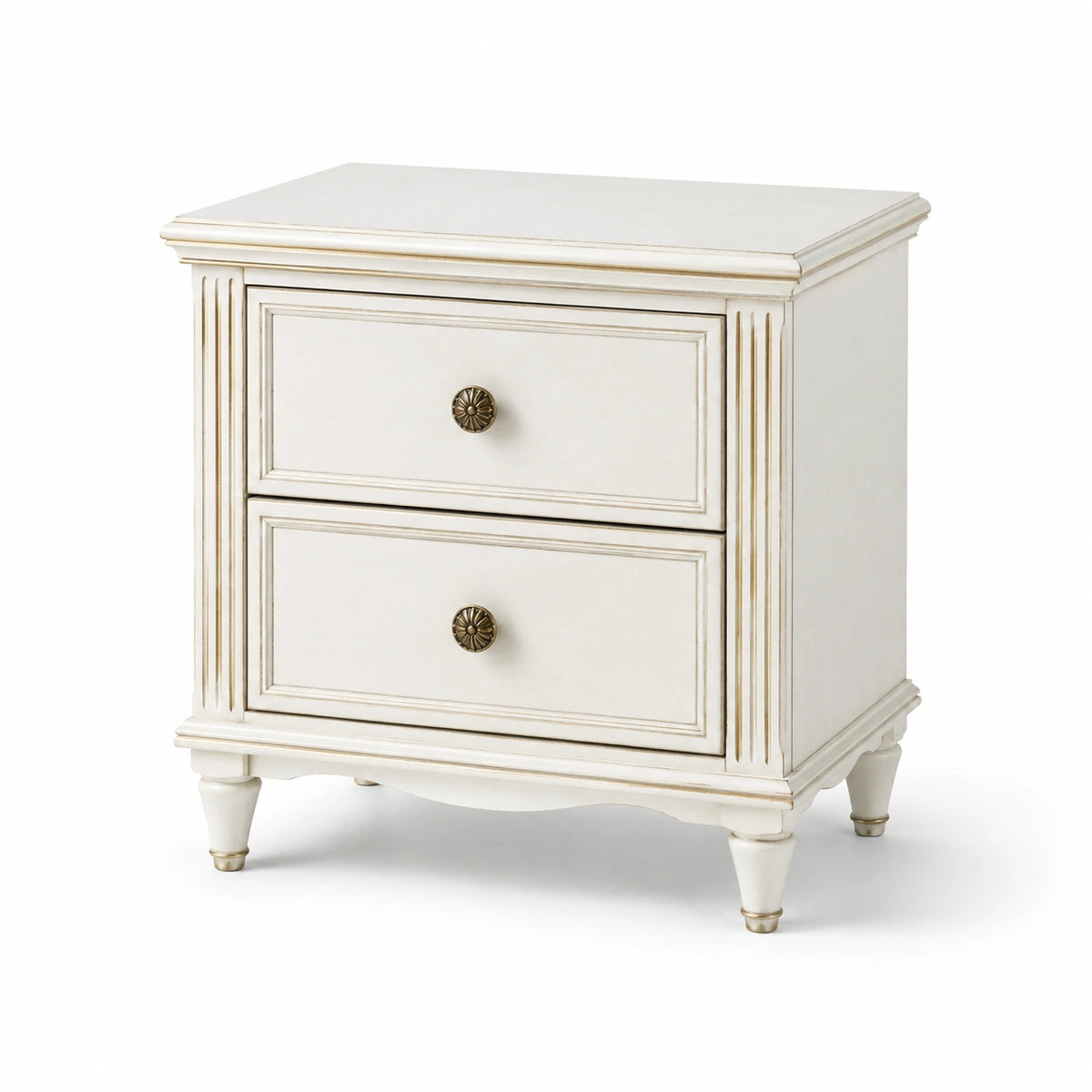 Mesita de noche de madera con 2 cajones color blanco envejecido