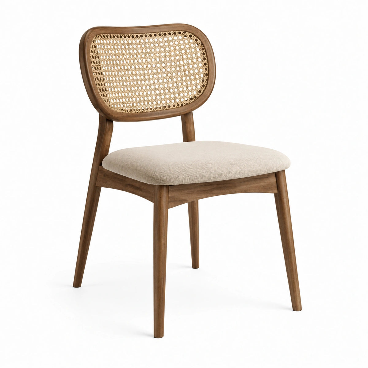 Silla de madera con respaldo de ratán y asiento de lino beige