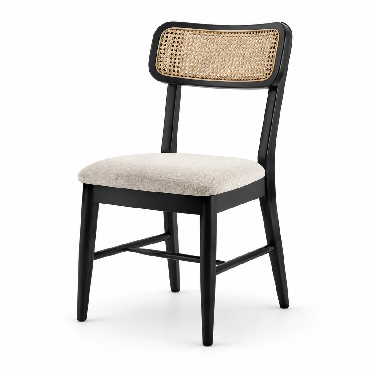 Silla de madera y ratán con asiento de lino beige