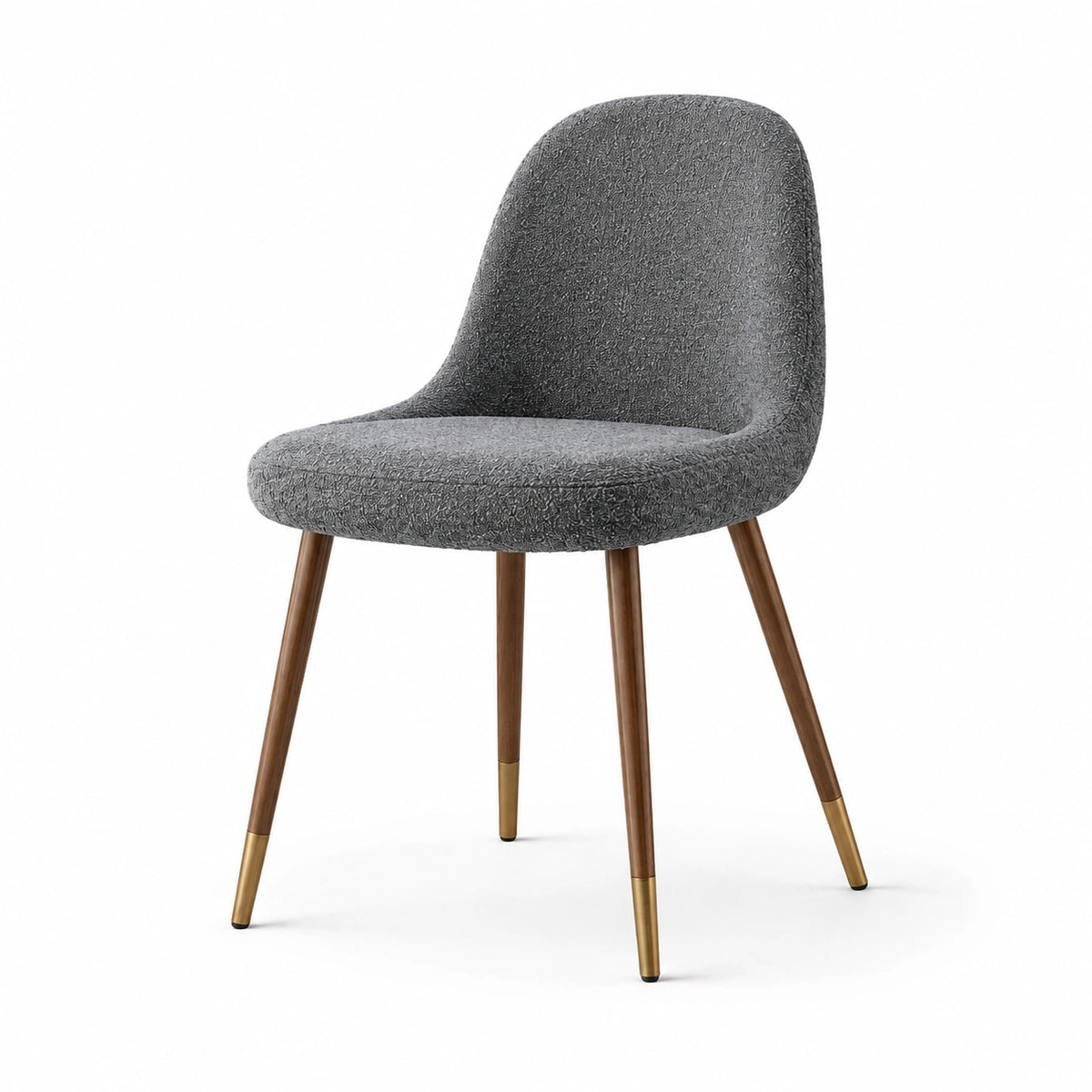 Silla de comedor de poliéster gris con patas de nogal y latón